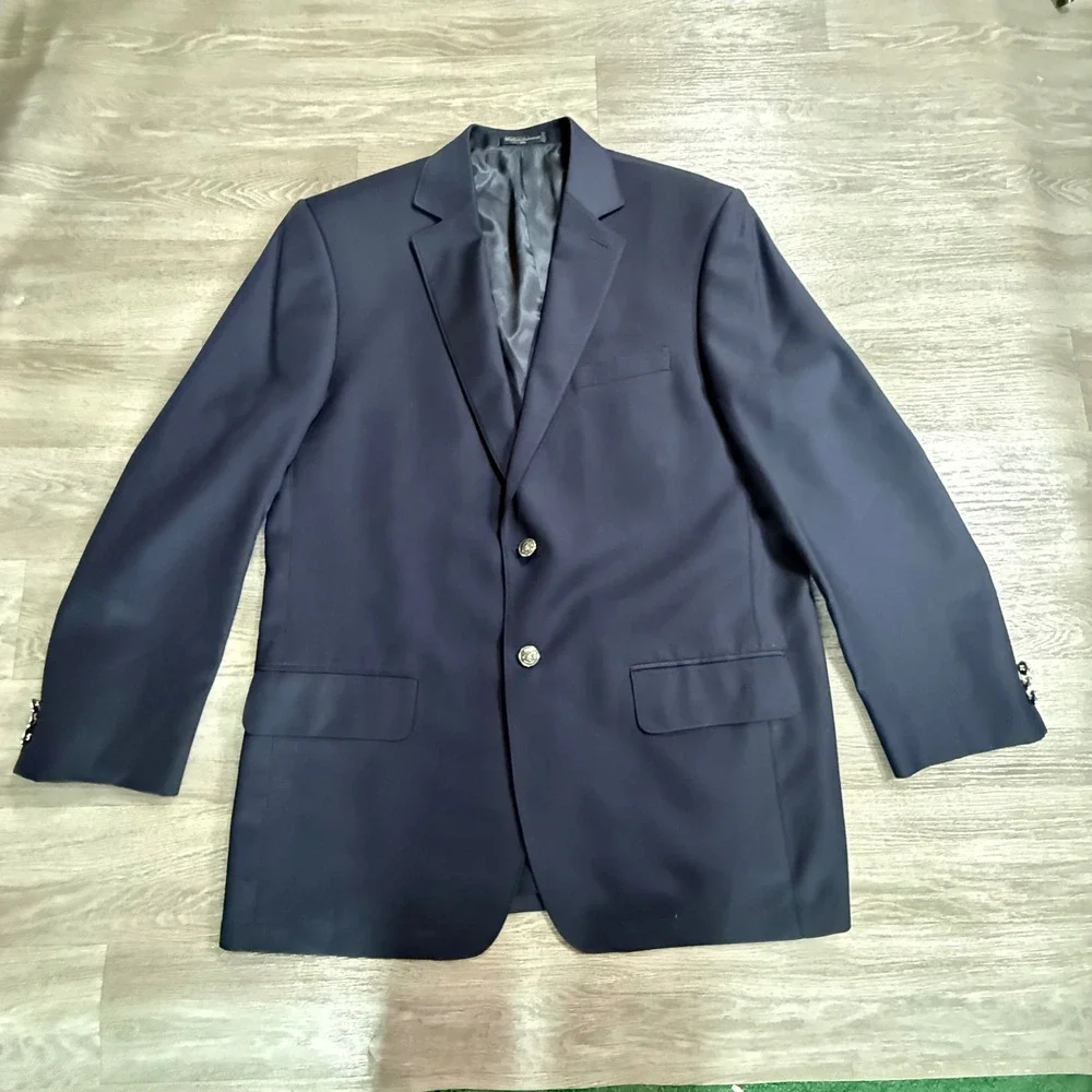 Mens Navy Blue Blazer Silver Crest Buttons Two Button Sport Coat Jacket